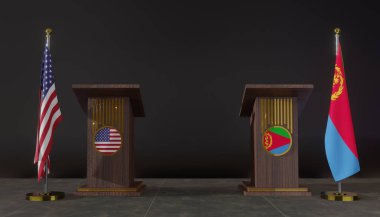 ABD ve Eritrea bayrakları. ABD ve Eritre bayrağı. ABD ve Eritre görüşmeleri. Konuşmalar için Rostrum. 3B çalışma ve 3B resim