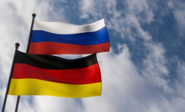 Almanya ve Rusya bayrakları. Mavi gökyüzü ve bayrak Almanya ve Rusya. 3B çalışma ve 3B resim