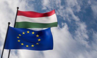 Macaristan ve Avrupa sendikası bayrakları. Mavi gökyüzü ve bayrak Macaristan ve Avrupa Birliği, 3D çalışma ve 3D görüntü