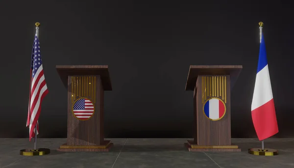 アメリカとフランスの国旗 アメリカとフランスの国旗 アメリカとフランスの交渉 スピーチのためのロストラム 3D作品と3D画像 — ストック写真