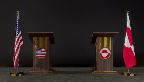 アメリカとグリーンランドの国旗 アメリカとグリーンランドの国旗 アメリカとグリーンランドの交渉 スピーチのためのロストラム 3D作品と3D画像 — ストック写真