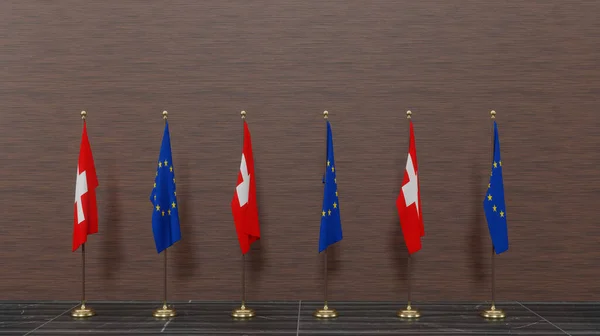 Switzerland and Europe union flags. Flag Switzerland and Europe union. Conflict between Switzerland vs Europe union, 3D work and 3D image