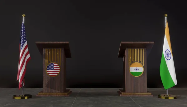 USA and India flags. USA and India flag. USA and India negotiations. Rostrum for speeches. 3D work and 3D image