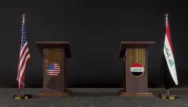 ABD ve Irak bayrakları. ABD ve Irak bayrağı. ABD ve Irak görüşmeleri. Konuşmalar için Rostrum. 3B çalışma ve 3B resim