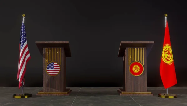 アメリカとキルギスの国旗 アメリカとキルギスの国旗 アメリカとキルギスの交渉 スピーチのためのロストラム 3D作品と3D画像 — ストック写真