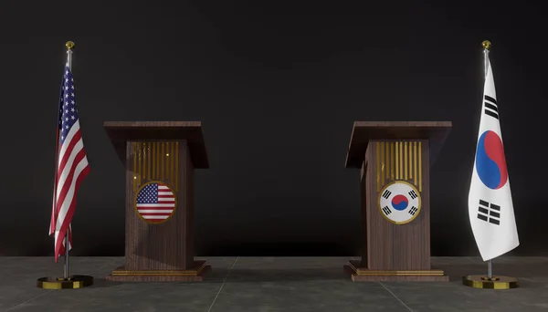 アメリカと韓国の国旗 アメリカと韓国の国旗 米国と韓国の交渉 スピーチのためのロストラム 3D作品と3D画像 — ストック写真