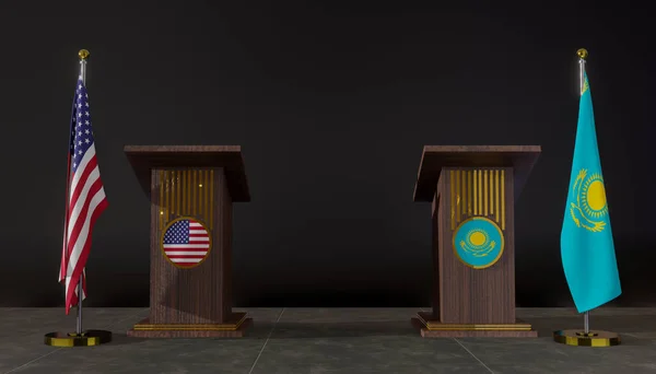 アメリカとカザフスタンの国旗 アメリカとカザフスタンの国旗 アメリカとカザフスタンの交渉 スピーチのためのロストラム 3D作品と3D画像 — ストック写真