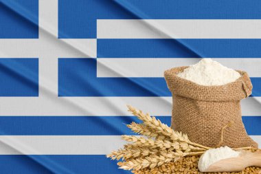 Yunanistan tahıl krizi, Küresel Açlık Krizi, Yunanistan Bayrağı 'nın arka planında buğday taneleri. Yunanistan 'da buğday yetiştirme kavramı. 3B çalışma ve 3B resim