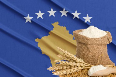 Kosova tahıl krizi, küresel açlık krizi kavramı, arka plandaki Kosova bayrağındaki buğday taneleri. Kosova 'da buğday yetiştirme kavramı. 3B çalışma ve 3B resim