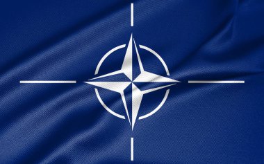 NATO bayrağı, kumaş bayrağı NATO. Üç boyutlu çalışma ve üç boyutlu görüntü. Erivan, Ermenistan - 16 Haziran 2021: