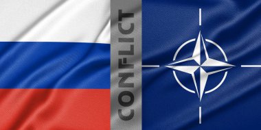 Rusya ve NATO arasındaki çatışma, Rusya ile NATO arasındaki savaş, Rusya ve NATO bayrağı, savaş krizi konsepti. 3 boyutlu çalışma ve 3 boyutlu resim Erivan, Ermenistan - 17 Haziran 2021: