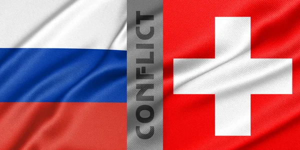ロシアとスイスの紛争 ロシア対スイスの戦争 国旗の製作ロシアと旗スイス 戦争危機の概念 3D作品と3D画像 — ストック写真
