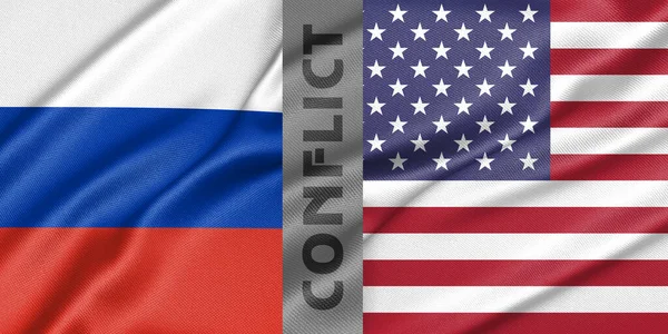 Conflict Russia and USA, war between Russia vs USA, fabric national flag Russia and Flag USA, war crisis concept. 3D work and 3D image