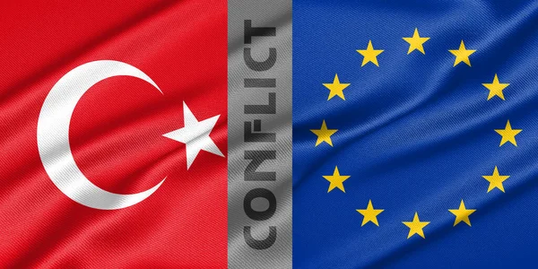 Conflict turkey and Europe, war between turkey vs Europe, fabric national flag turkey and Flag Europe, war crisis concept. 3D work and 3D image