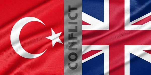 Conflict turkey and United Kingdom, war between turkey vs United Kingdom, fabric national flag turkey and Flag United Kingdom, war crisis concept. 3D work and 3D image