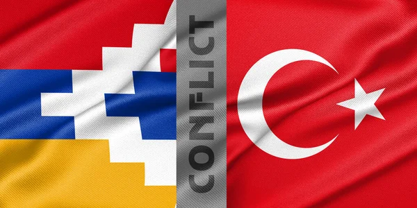 Conflict Artsakh and turkey, war between Artsakh vs turkey, fabric national flag Artsakh and Flag turkey, war crisis concept. 3D work and 3D image