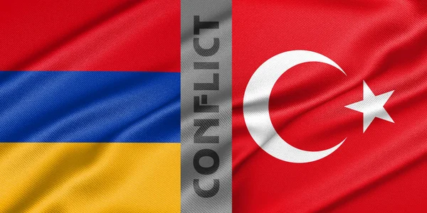 Conflict Armenia and turkey, war between Armenia vs turkey, fabric national flag Armenia and Flag turkey, war crisis concept. 3D work and 3D image