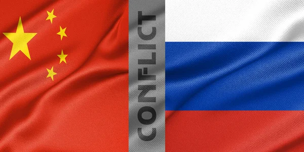 Conflict China and Russia, war between China vs Russia, fabric national flag China and Flag Russia, war crisis concept. 3D work and 3D image