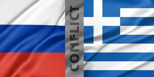 Conflict Russia and Greece, war between Russia vs Greece, fabric national flag Russia and Flag Greece, war crisis concept. 3D work and 3D image