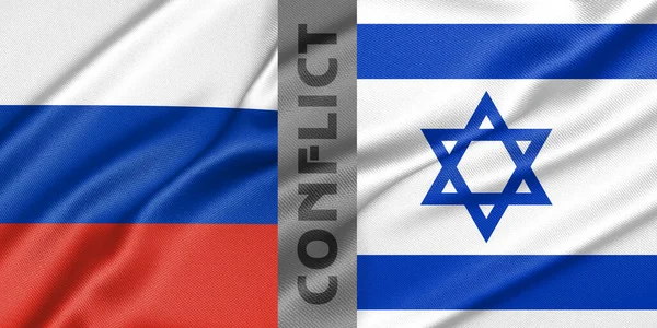 Conflict Russia and Israel, war between Russia vs Israel, fabric national flag Russia and Flag Israel, war crisis concept. 3D work and 3D image