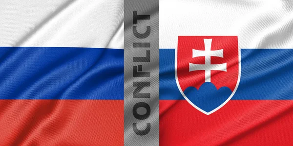紛争ロシアとスロバキア ロシア対スロバキアの間の戦争 ファブリック国旗ロシアとフラグスロバキア 戦争危機の概念 3D作品と3D画像 — ストック写真
