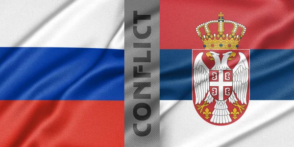 紛争ロシアとセルビア ロシア対セルビアの戦争 国旗ロシアと国旗セルビア 戦争危機の概念 3D作品と3D画像 — ストック写真