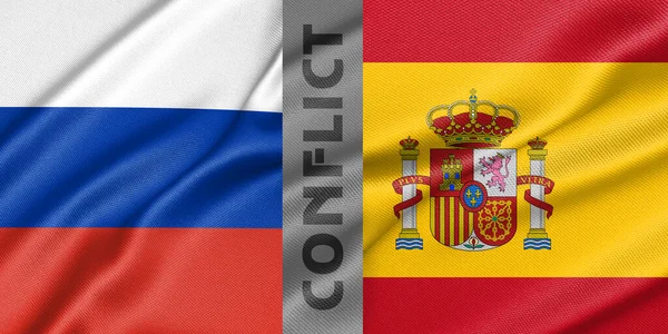 ロシアとスペインの紛争 ロシア対スペインの戦争 国旗ロシアと旗スペインの生地 戦争危機の概念 3D作品と3D画像 — ストック写真