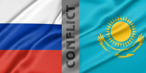 Conflict Russia and Kazakhstan, war between Russia vs Kazakhstan, fabric national flag Russia and Flag Kazakhstan, war crisis concept. 3D work and 3D image