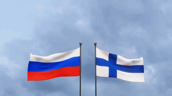 Finland and Russia flags. Blue sky and flag Finland and Russia. 3D work and 3D image