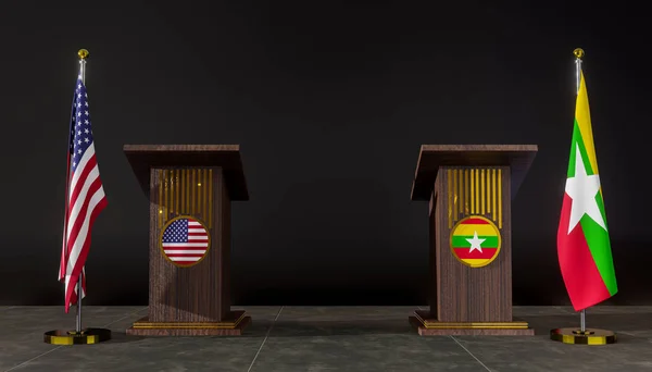 Drapeau Des Usa Myanmar Négociations États Unis Myanmar Rostrum Pour — Photo