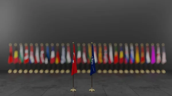 北约成员国国旗 北约成员国国旗 北约首脑会议 与火鸡北约 火鸡北约 3D作品和3D插图 亚美尼亚埃里温 2022年6月29日 — 图库照片