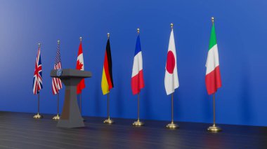 G7 zirvesi. 7 kişilik G7 grubunun bayrakları ve 7 kişilik ülkeler listesi, 7 kişilik grup. 3d illüstrasyon ve 3D çalışma
