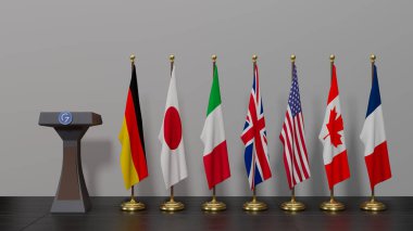 G7 zirvesi. 7 kişilik G7 grubunun bayrakları ve 7 kişilik ülkeler listesi, 7 kişilik grup. 3d illüstrasyon ve 3D çalışma
