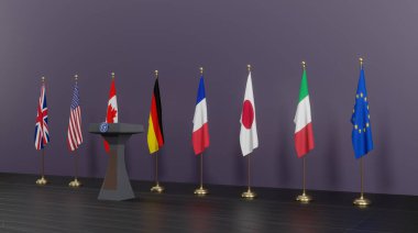 G7 zirvesi. 7 kişilik G7 grubunun bayrakları ve 7 kişilik ülkeler listesi, 7 kişilik grup. 3d illüstrasyon ve 3D çalışma