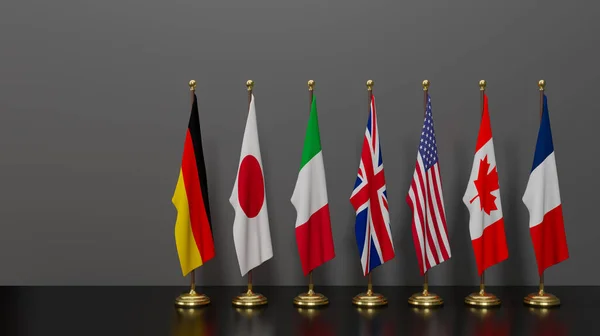 G7 zirvesi. Yedi ülkeden oluşan G7 grubunun bayrakları, Yedili Grup, Kopyalama alanı, 3D illüstrasyon ve 3D çalışma