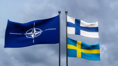 İsveç ve Finlandiya 'nın NATO' ya, Bayrak Finlandiya 'ya, İsveç' e ve NATO 'ya katılması bekleniyor. NATO Zirvesi. Üç boyutlu çalışma ve üç boyutlu illüstrasyon. Erivan, Ermenistan - 2022 Temmuz 03: