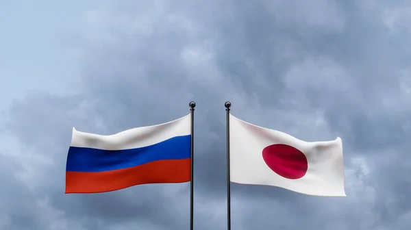 俄罗斯和日本国旗 蓝天和俄罗斯国旗对日本国旗 俄罗斯日本国旗 3D作品和3D图像 — 图库照片