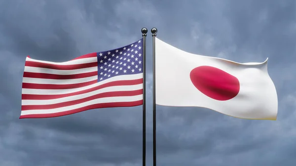 アメリカと日本の旗 青い空と旗アメリカ対旗日本 アメリカ日本の旗 3D作品と3D画像 — ストック写真