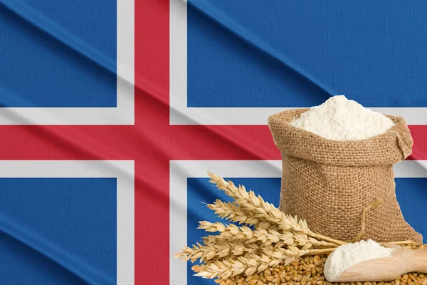 Iceland grain crisis, Concept global hunger crisis,  On background Flag Iceland wheat grain. Concept of growing wheat in Russia