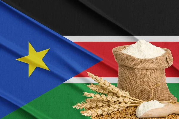 South Sudan  grain crisis, Concept global hunger crisis,  On background Flag South Sudan wheat grain. Concept of growing wheat in Russia