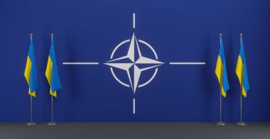 NATO ve Ukrayna, arka planda NATO, 3D çalışma ve 3D görüntü, Erivan, Ermenistan - 2022 Temmuz 06
