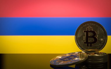 Ermenistan 'da Bitcoin, Bitcoin ve Crypto krizi, Bitcoin ve Ermenistan bayrağı, 3D çalışma ve 3D görüntü