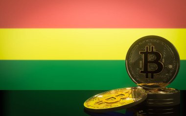 Bolivya 'da Bitcoin, Kriz Bitcoin ve Crypto, Bozuk paralar bitcoin ve bayrak Bolivya, 3D çalışma ve 3D görüntü