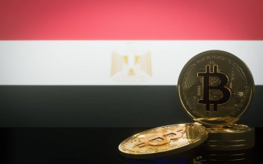 Mısır 'da Bitcoin, kriz bitcoin ve Crypto, bozuk paralar bitcoin ve bayrak Mısır, 3D eser ve 3D görüntü