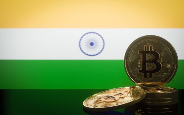 Hindistan 'da Bitcoin, Kriz Bitcoin ve Crypto, Bitcoin ve bayrak Hindistan, 3D eser ve 3D görüntü
