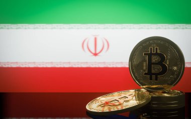 İran 'da Bitcoin, kriz bitcoin ve Crypto, Bitcoin ve bayrak İran, 3D eser ve 3D görüntü