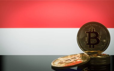 Endonezya 'da Bitcoin, bitcoin ve Crypto krizi, bitcoin ve bayrak Endonezya, 3D çalışma ve 3D görüntü