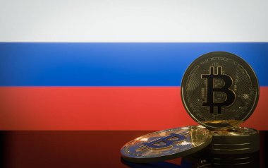 Bitcoin in Russia, crisis bitcoin and  Crypto , coins bitcoin and flag Russia, 3D work and 3D image