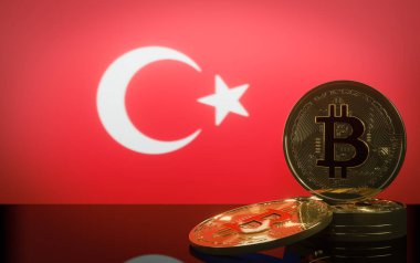 Bitcoin in turkey, crisis bitcoin and  Crypto , coins bitcoin and flag turkey, 3D work and 3D image