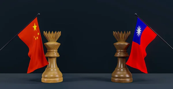China flag and Taiwan flag and chess king on chessboard, China vs Taiwan countries political conflict and war concept, 3D work and 3D image